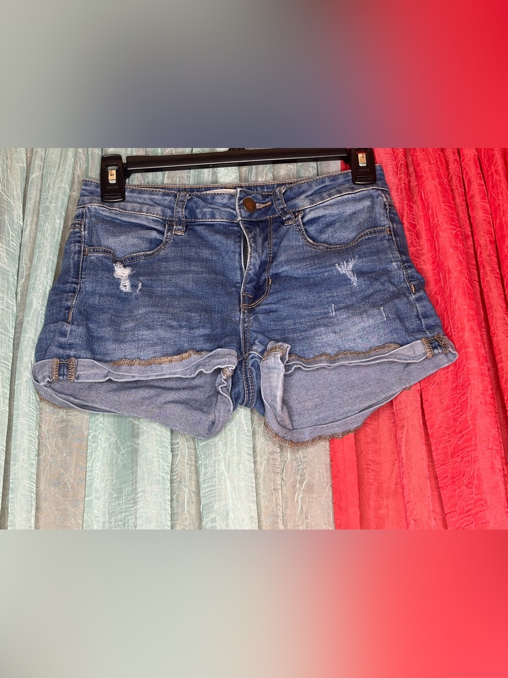 Women's Distressed Roll-Cuff Denim Shorts - Blue